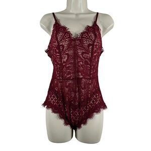 Vera‎ & Lucy Womens Burgundy Lace Bodysuit Eyelash Trim V-Neck Lined Size S/M